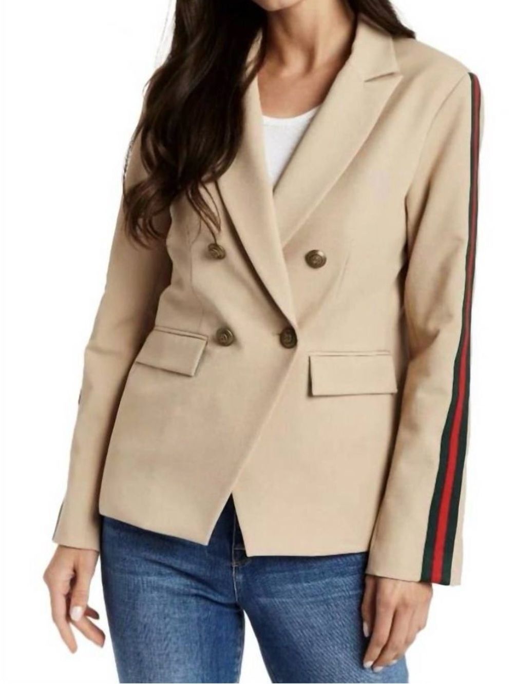NWOT Drew Double-Breasted Beige Blazer with Contrast Stripe size S